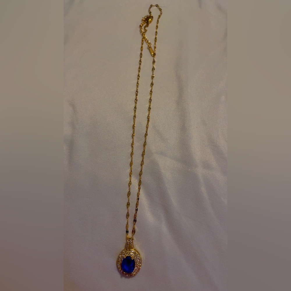 Elegant Gold Necklace with Blue Pendant stainless steel block zircon titanium